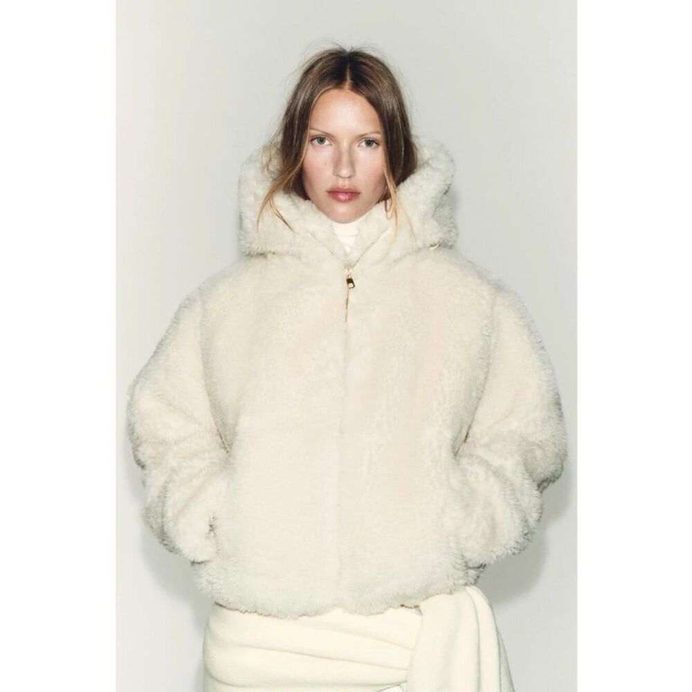 Zara Womens Coat Jacket S Cream Ivory Teddy Shearling Hooded 8073/332 NWT